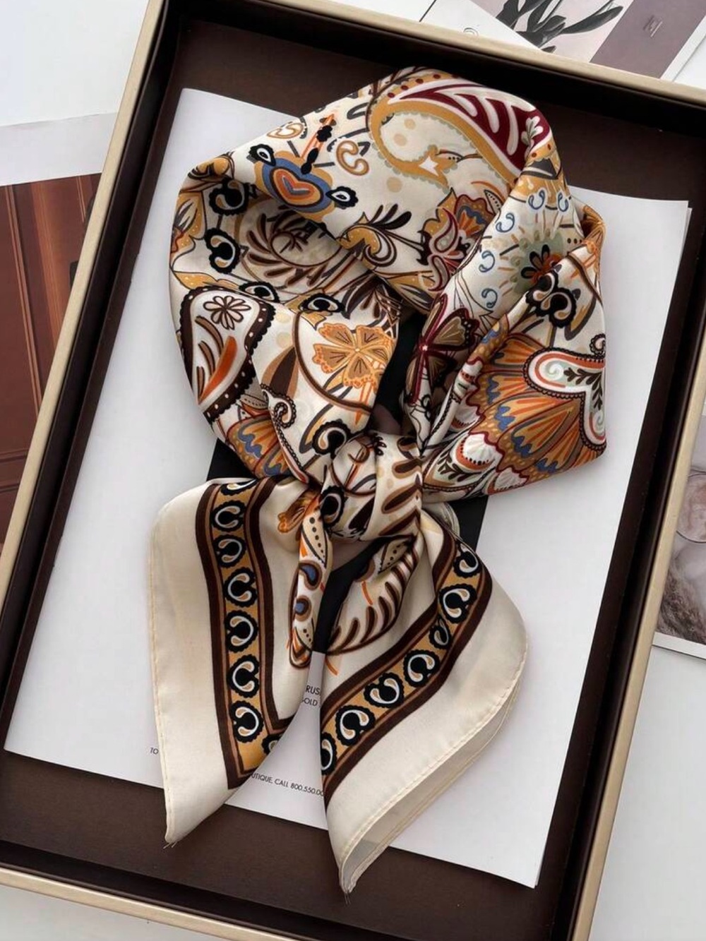 Elegant Khaki Paisley Silk Scarf - Women Accessories 27.5”